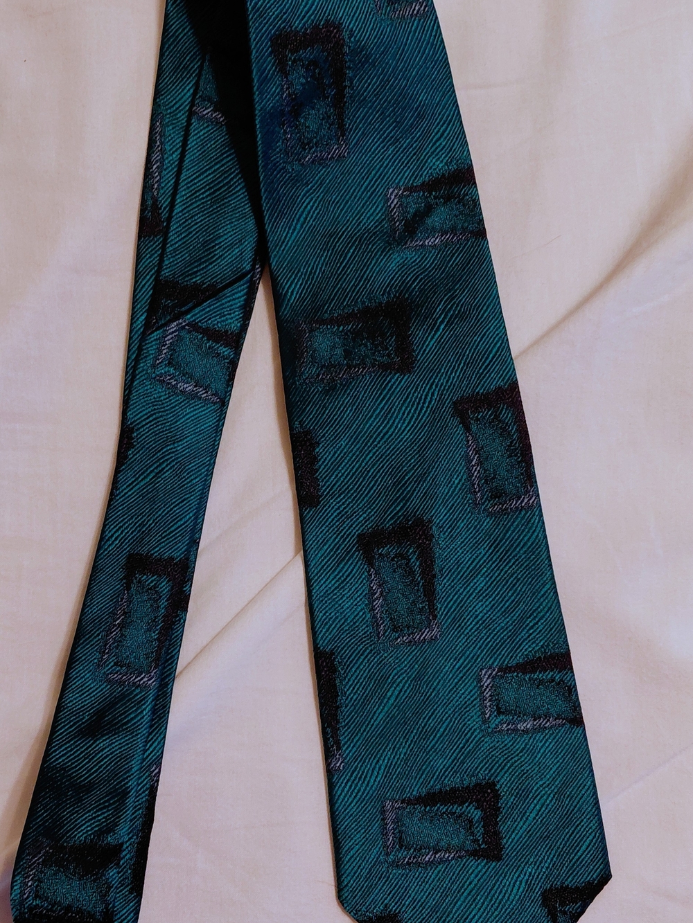 Bachrach Teal Pattern Silk Tie with Black Rectangular Motif